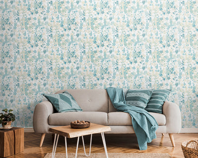 OHPOPSI Blossom Wallpaper on a living room wall