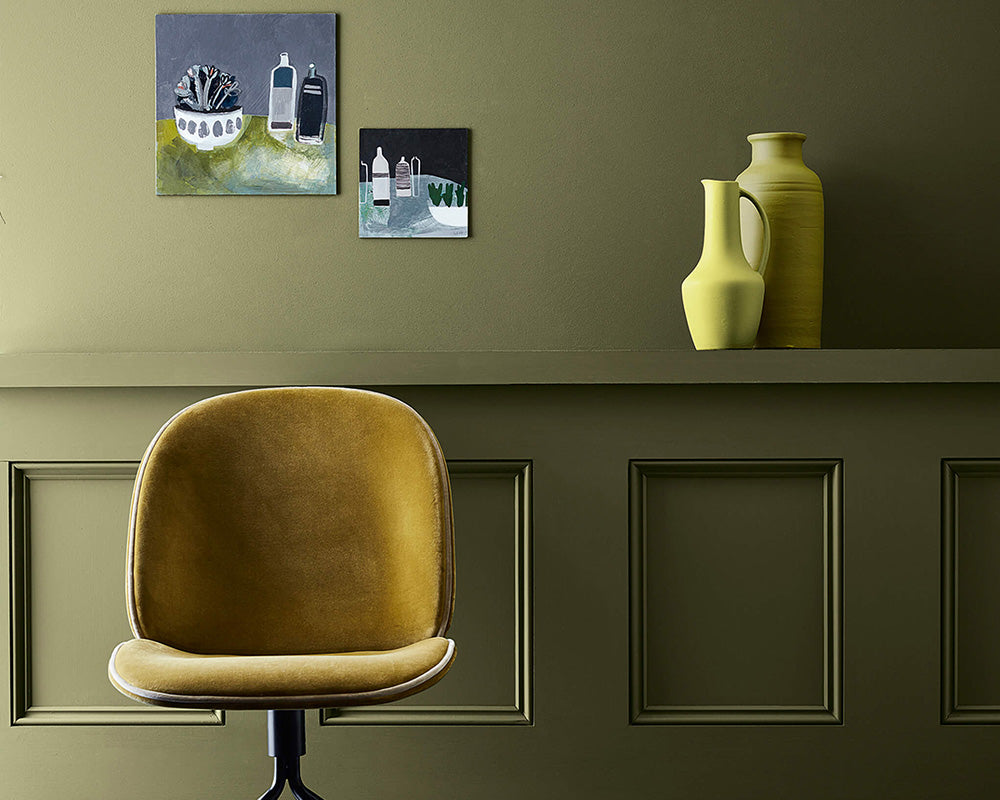 Little Greene Olive Colour 72 Paint on hallway panelling