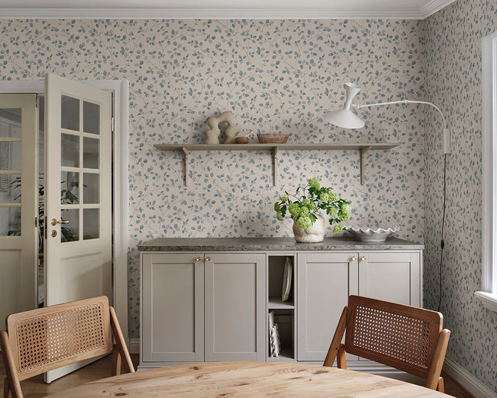Sandberg Bokskog Wallpaper in misty blue in a kitchen
