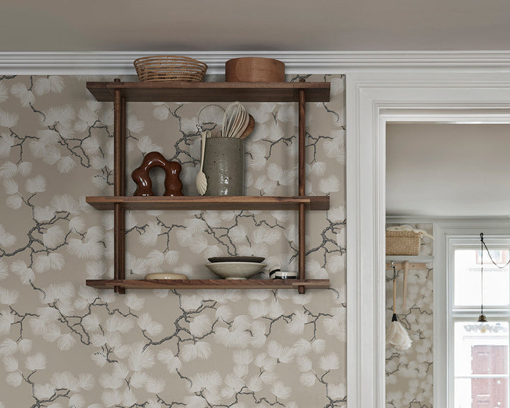 Sandberg Pine Wallpaper in beige on a wall