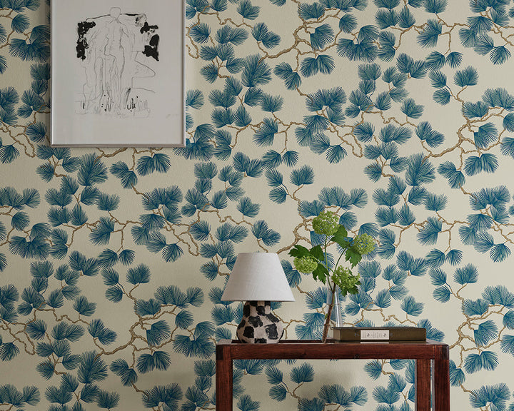 Sandberg Pine Wallpaper in blue in a hallway