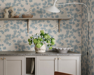 Sandberg Pine Wallpaper in misty blue in a kitchen
