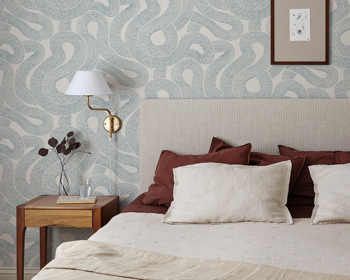 Sandberg Zen Wallpaper in indigo blue in a bedroom