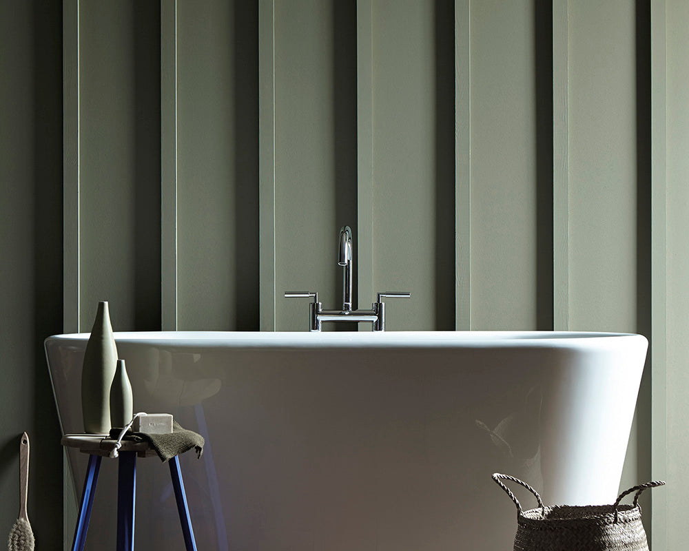 Little Greene Sage Green 80 Paint on a bathroom wall
