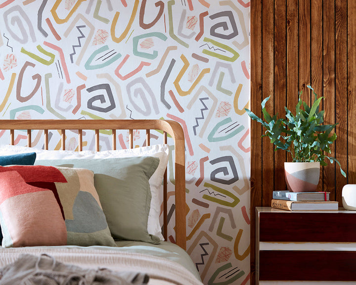 OHPOPSI Squiggle Wallpaper close up on a bedroom wall