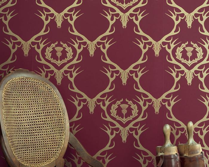 Barneby Gates Deer Damask in Claret/Gold Wallpaper BG0100402