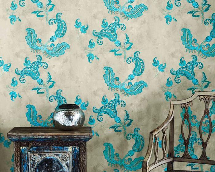 Barneby Gates Paisley in Turquoise On Old Grey Wallpaper BG0700201