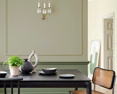 Little Greene Book Room Green 322 Paint in a dining room