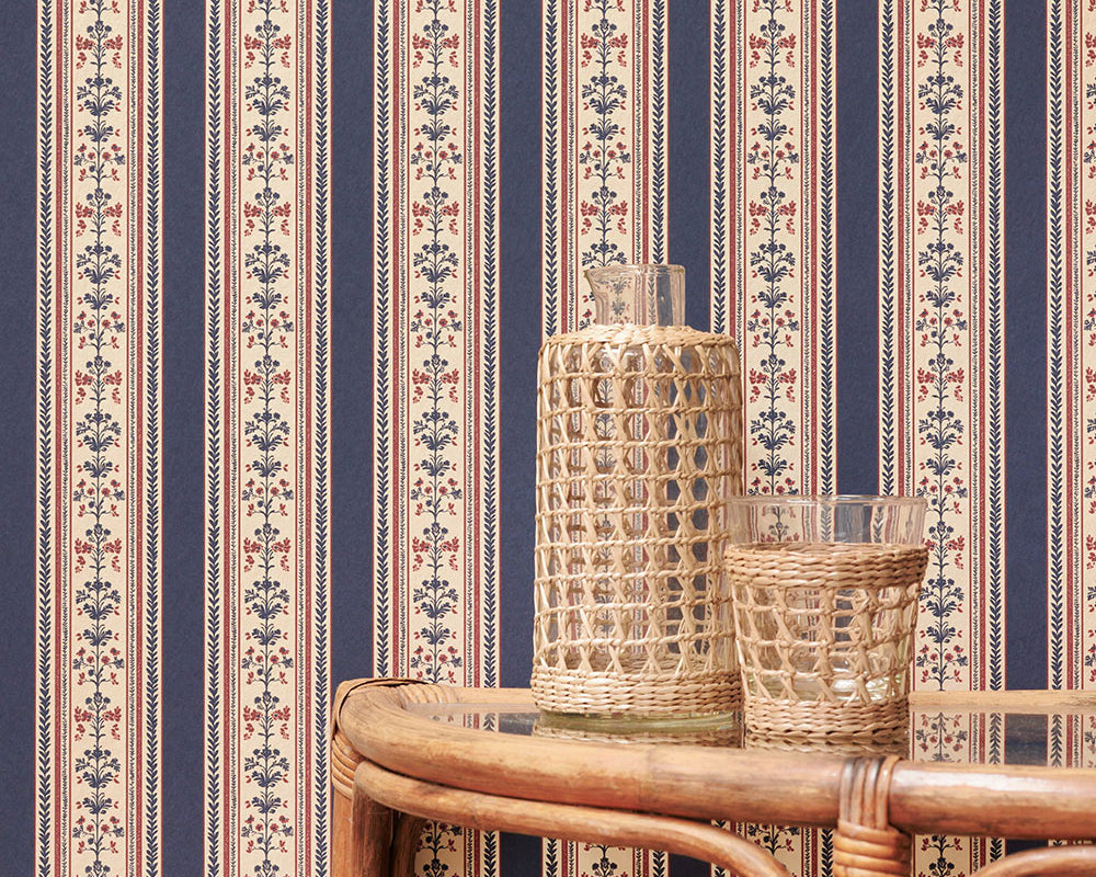 Barneby Gates Folk Stripe Wallpaper with a jug and a glass on a side table
