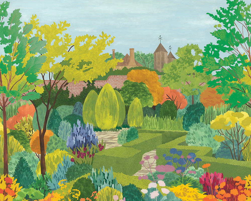 Little Greene Castle Garden Mural Wallpaper - Colourful illustration of a garden with trees, flowers, and a castle in the background.