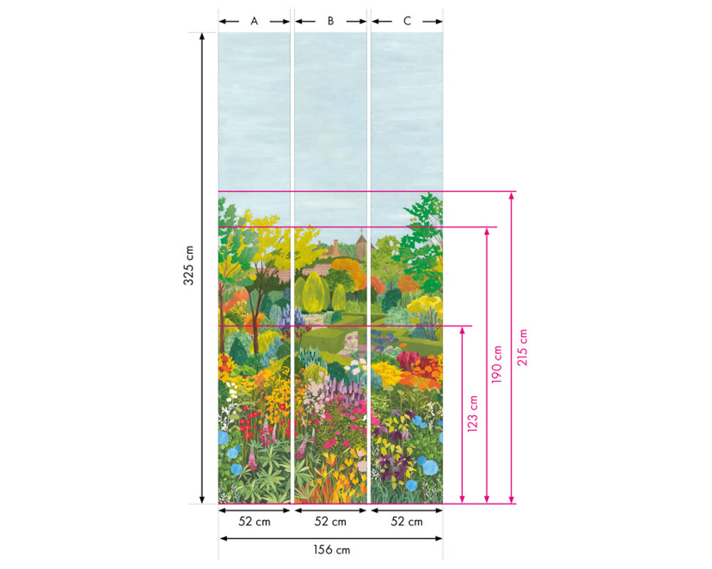 Measurement chart of Little Greene Castle Garden Mural Wallpaper