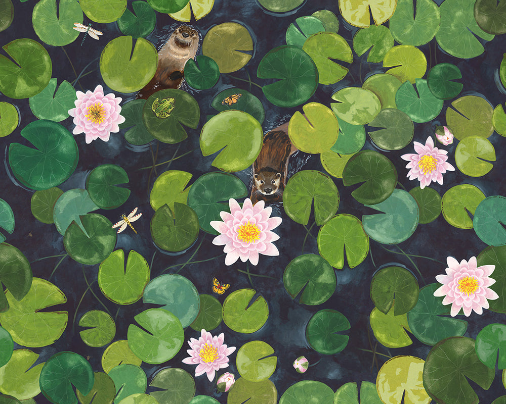 Little Greene Lily Pads Mural Wallpaper -Illustration of a pond scene with lily pads, flowers, bugs and otters.