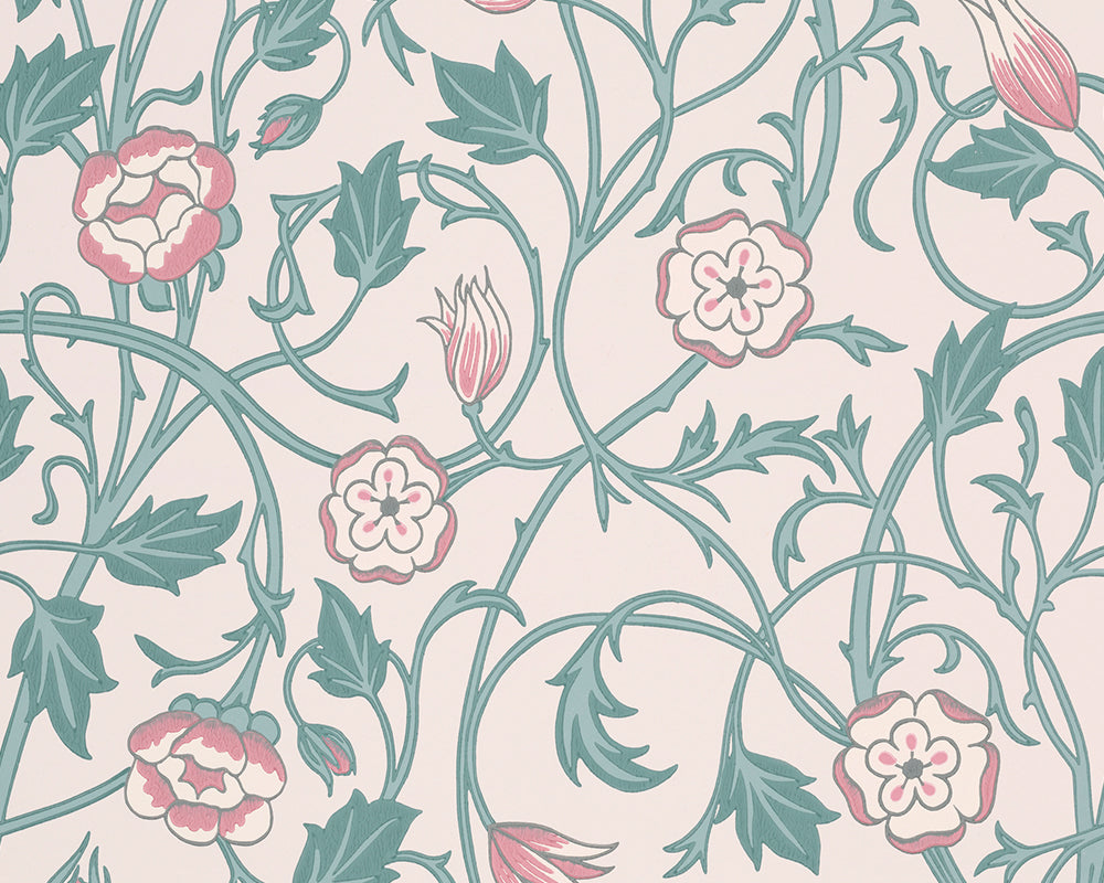 Little Greene May's Tulip Wallpaper - Floral pattern with pink flowers and green leaves on a light background