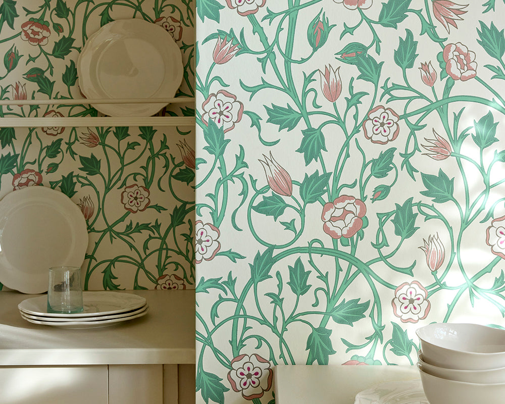 Kitchen display unit close up with floral-patterned Little Greene May's Tulip Wallpaper 