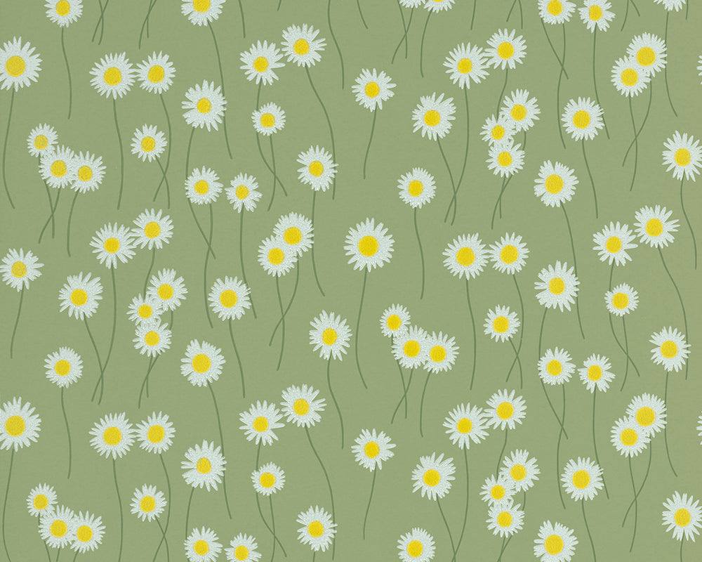 Little Greene Moon Daisies Wallpaper, Pattern of white flowers with yellow centers on a green background