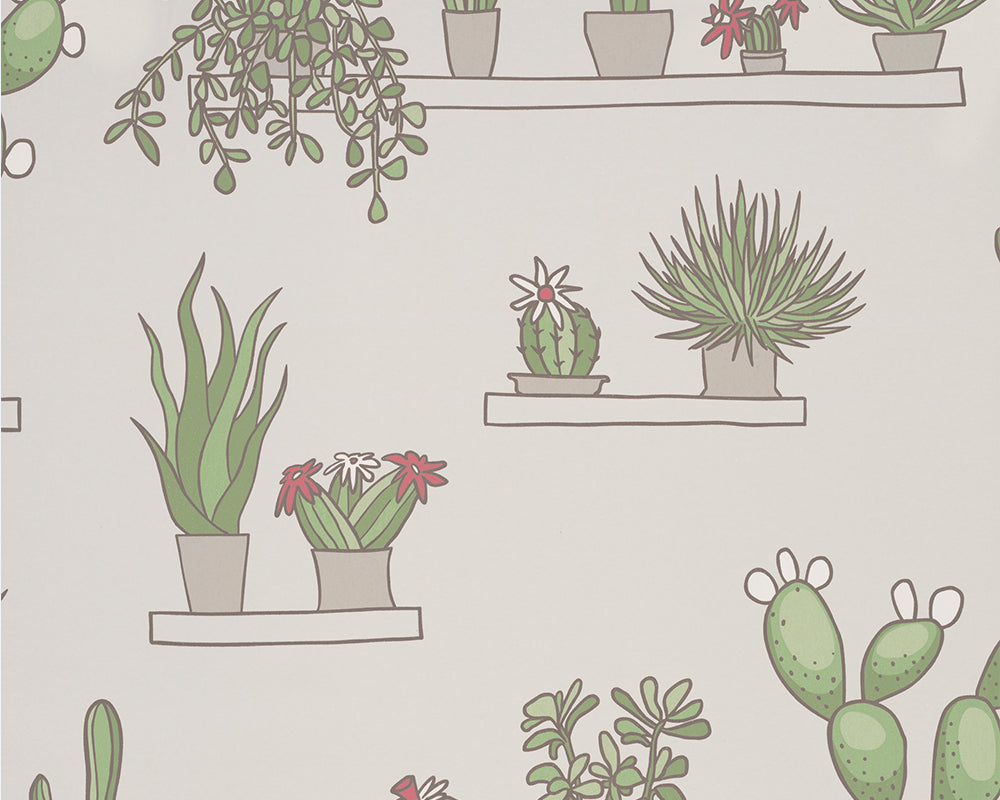 Little Greene Mr Straw's Greenhouse Wallpaper - Illustration of various potted cacti and succulents on a light background