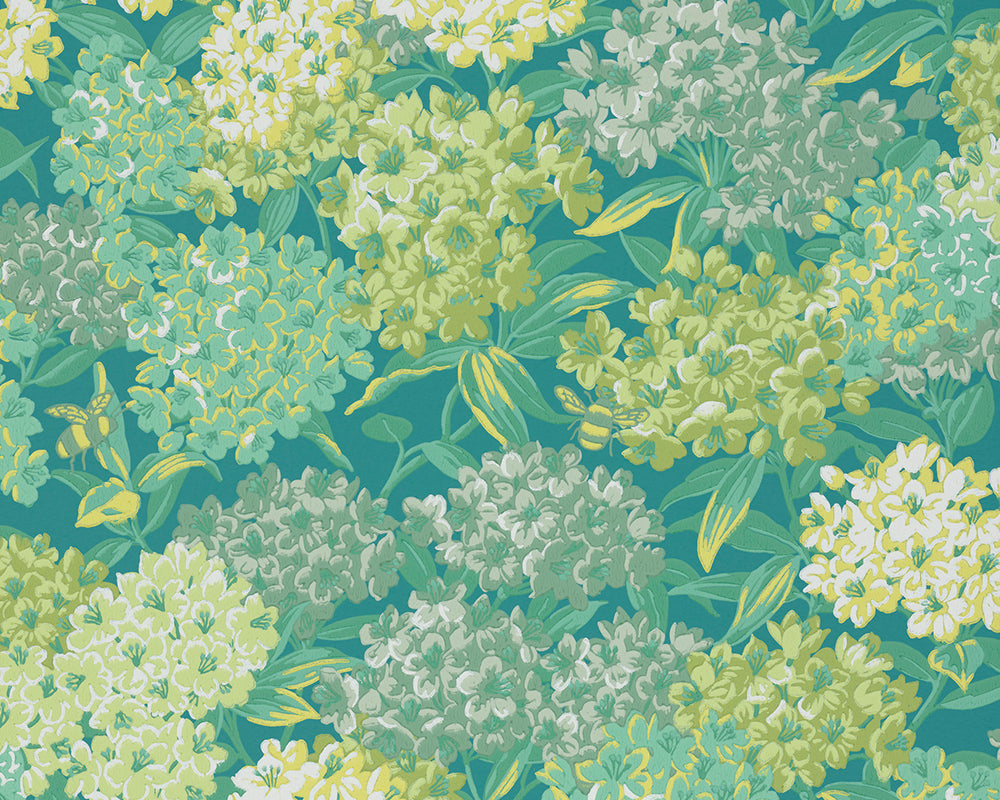 Little Greene Rhododendron Walk Wallpaper - Pattern of green and yellow flowers on a teal background