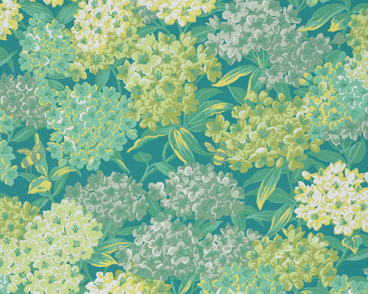 Little Greene Rhododendron Walk Wallpaper - Pattern of green and yellow flowers on a teal background