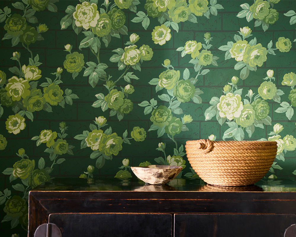 Little Greene Rose Garden Wallpaper with floral pattern and two woven baskets on a wooden surface.