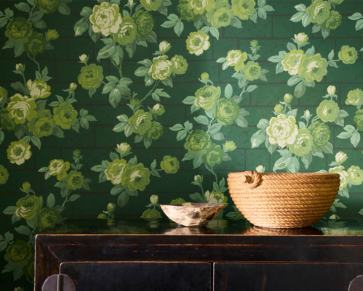 Little Greene Rose Garden Wallpaper with floral pattern and two woven baskets on a wooden surface.