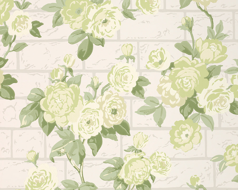 Little Greene Rose Garden Wallpaper -Floral pattern with light green flowers and leaves on a white brick background