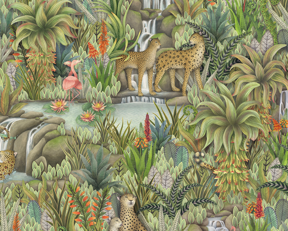 Cole & Son Injisuthi Wallpaper - Jungle scene with leopards, flamingos, and lush greenery