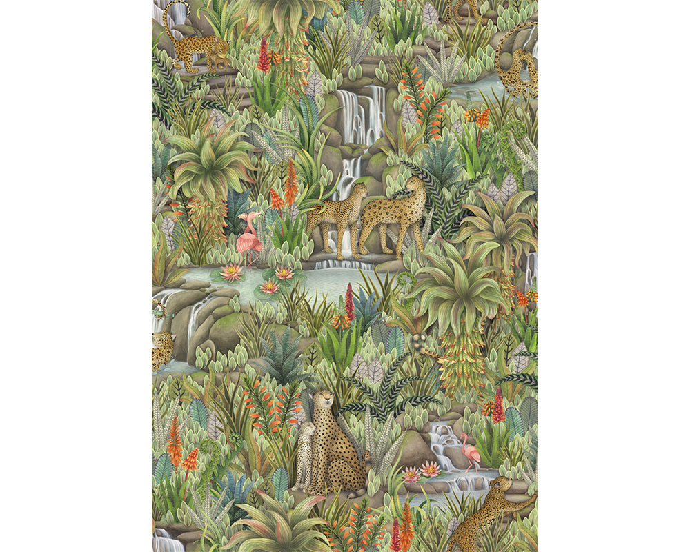 Cole & Son Injisuthi Wallpaper - Jungle scene with leopards, birds, and foliage.