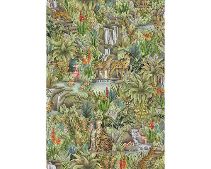 Cole & Son Injisuthi Wallpaper - Jungle scene with leopards, birds, and foliage.