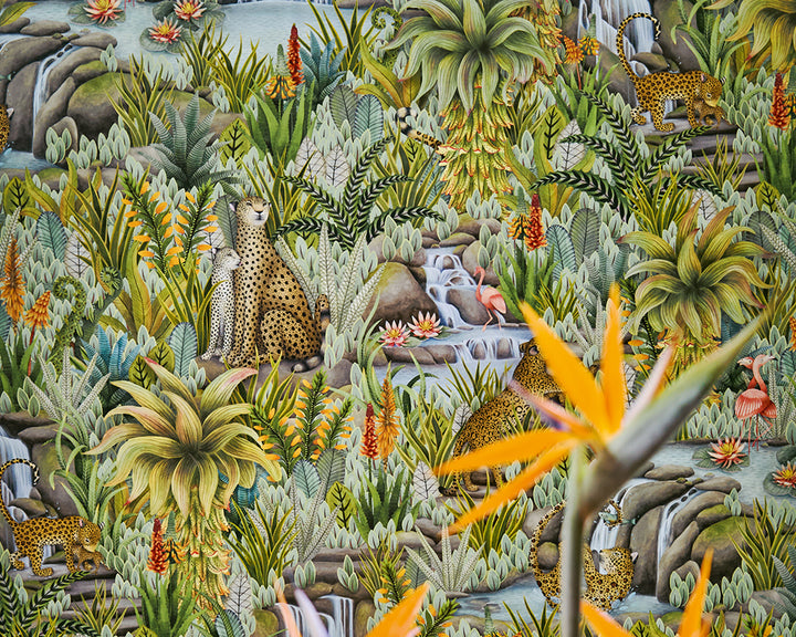 Jungle scene from Cole & Son Injisuthi Wallpaper with leopards, flamingos, and lush greenery