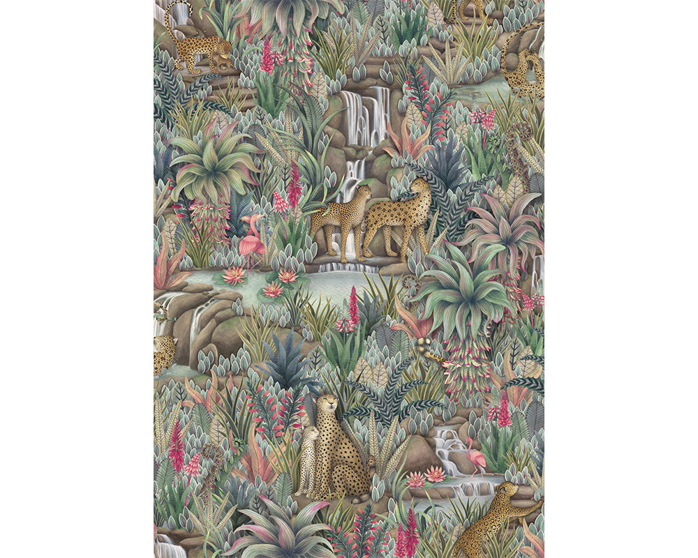 Cole & Son Injisuthi Wallpaper - Jungle scene with leopards, birds, and foliage.