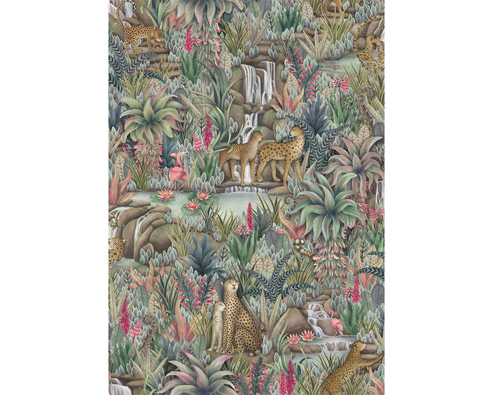 Cole & Son Injisuthi Wallpaper - Jungle scene with leopards, birds, and foliage.
