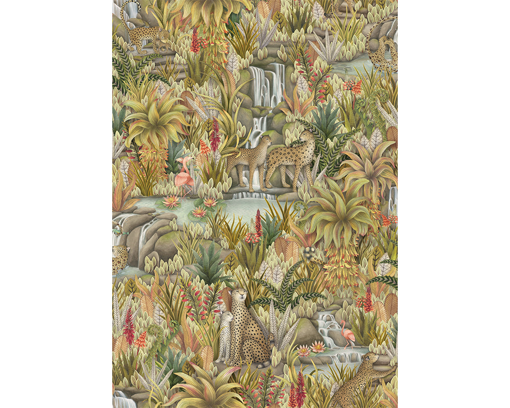 Cole & Son Injisuthi Wallpaper - Jungle scene with leopards, birds, and foliage.