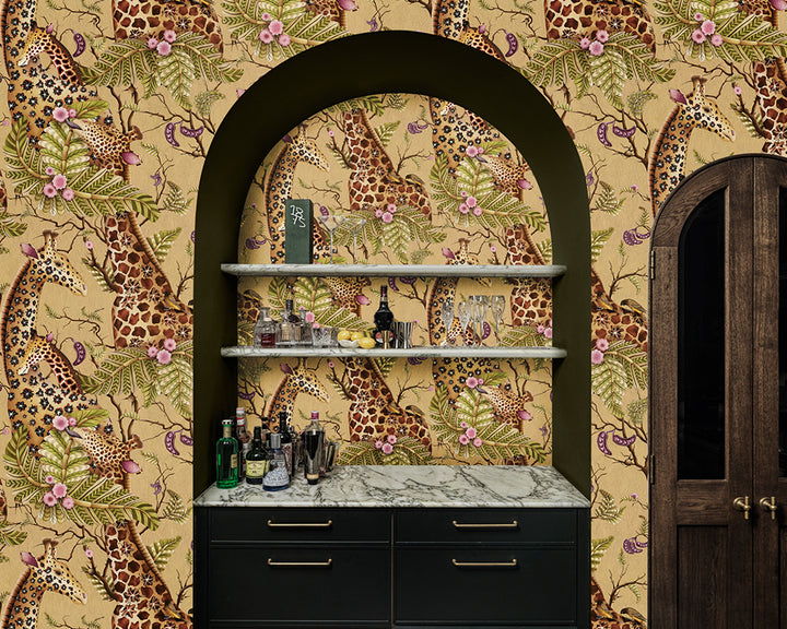 Bar area with giraffe-themed Cole & Son Royal Giraffe Wallpaper and shelves.