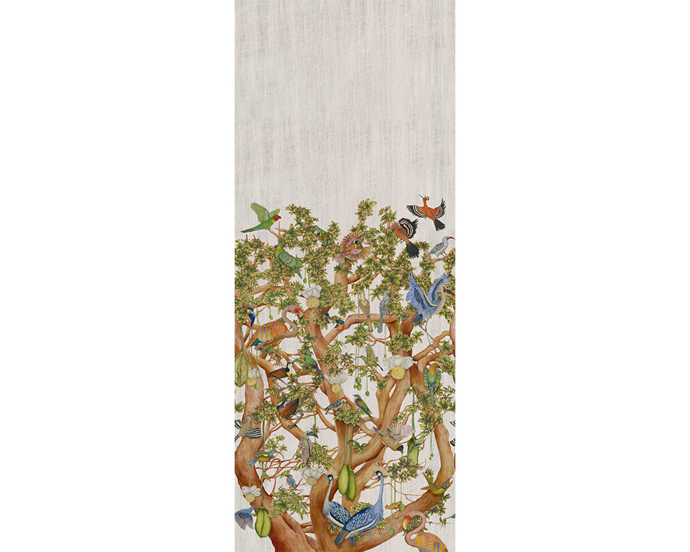 Cole & Son Tree of Life Wallpaper - Platinum - Decorative panel with birds and trees on a textured background