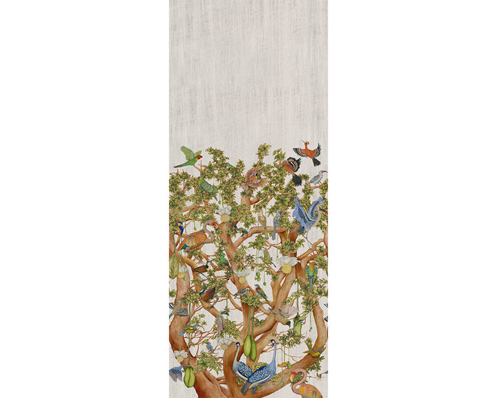 Cole & Son Tree of Life Wallpaper - Platinum - Decorative panel with birds and trees on a textured background