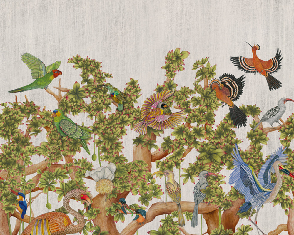 Cole & Son Tree of Life Wallpaper - Platinum - Illustration of various birds perched on branches with a textured background