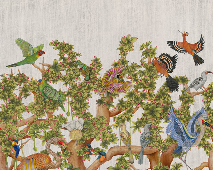 Cole & Son Tree of Life Wallpaper - Platinum - Illustration of various birds perched on branches with a textured background