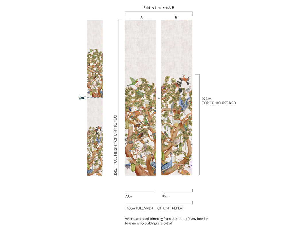 Measurement chart of Cole & Son Tree of Life Wallpaper decorative panel with birds and trees, showing dimensions and repeat patterns.