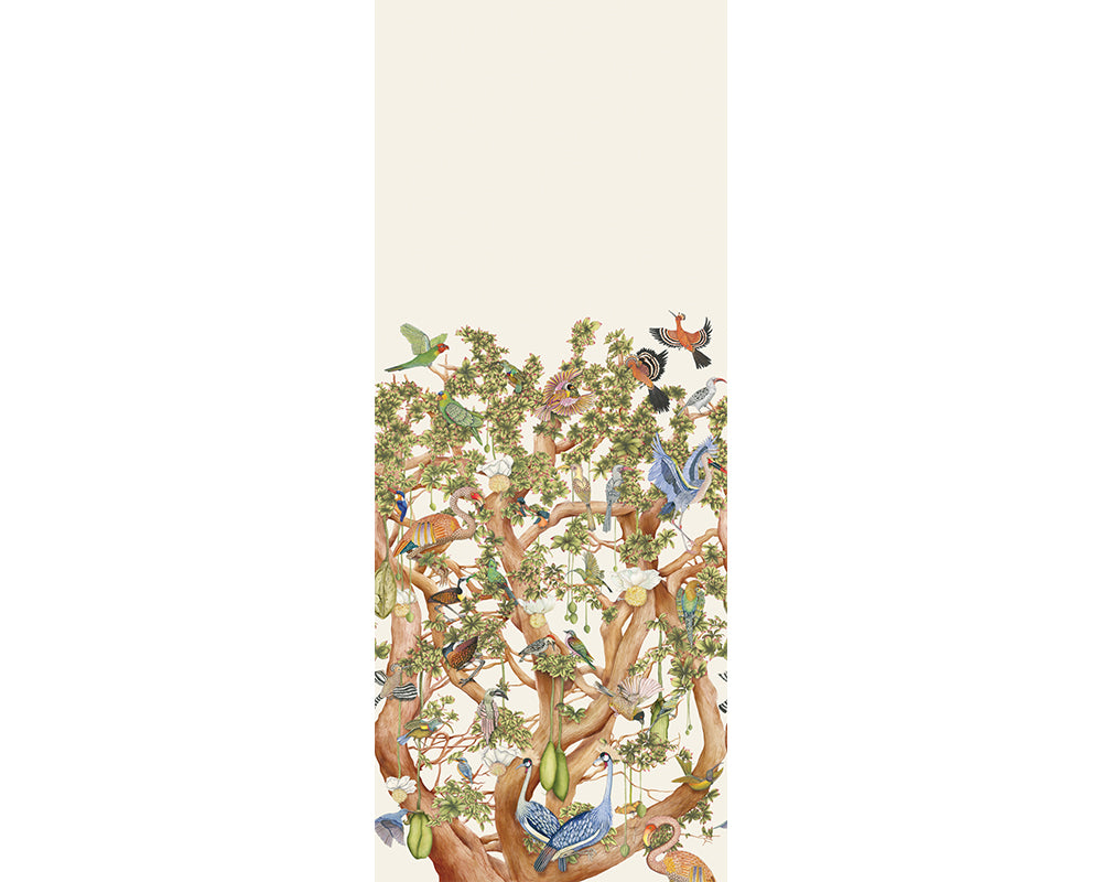 Cole & Son Tree of Life Wallpaper - Illustration of birds perched on branches with leaves on a white background
