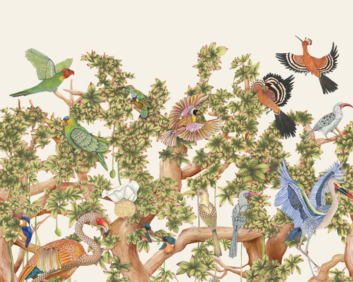 Cole & Son Tree of Life Wallpaper - Illustration of various birds perched on branches with leaves