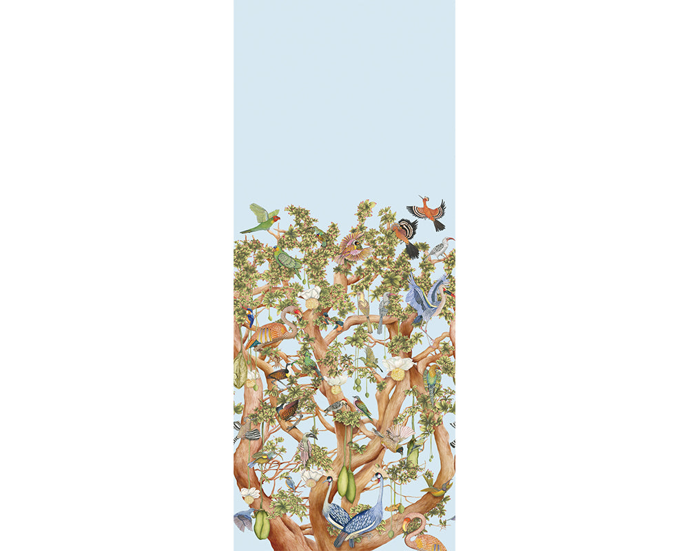 Cole & Son Tree of Life Wallpaper -Illustration of birds perched on branches against a light blue background