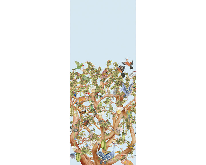 Cole & Son Tree of Life Wallpaper -Illustration of birds perched on branches against a light blue background