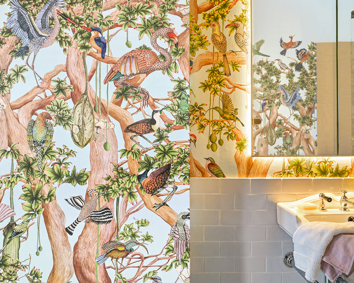 Bird and tree Cole & Son Tree of Life Wallpaper design with a bathroom setting featuring the same pattern.