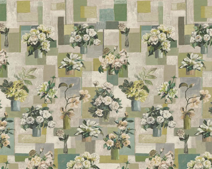Patterned Wallpaper, Celadon Vases from Designers Guild, with floral arrangements and geometric shapes
