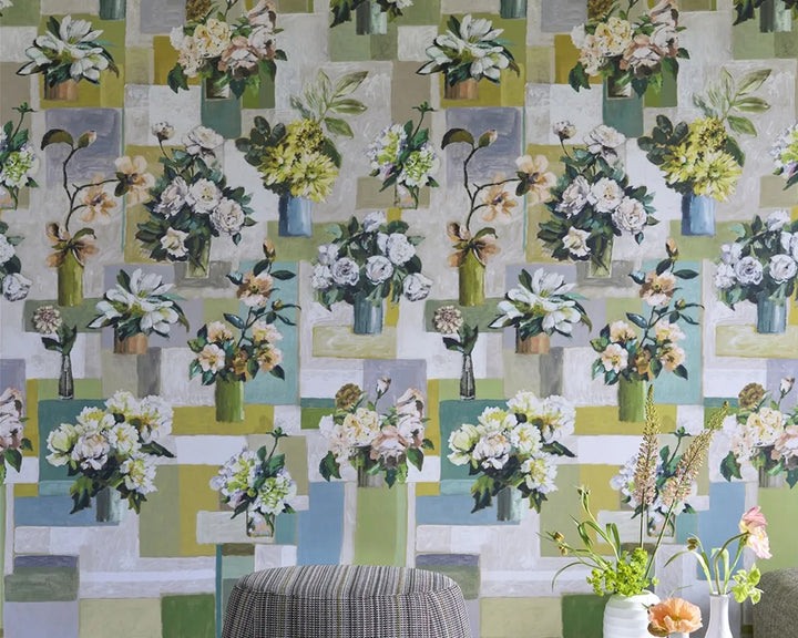 Patterned wallpaper, Designers Guild Celadon Vase Wallpaper, with floral arrangements
