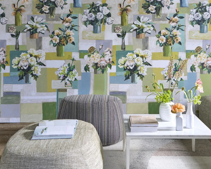 Living room with floral wallpaper, Designers Guild Celadon Vase Wallpaper, and modern furniture