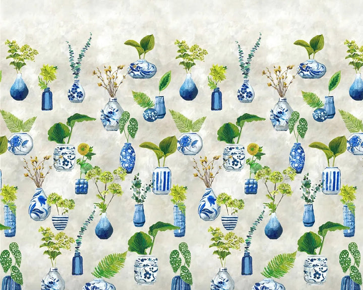 Designers Guild Kawana Wallpaper - Pattern of blue vases with green plants on a beige background