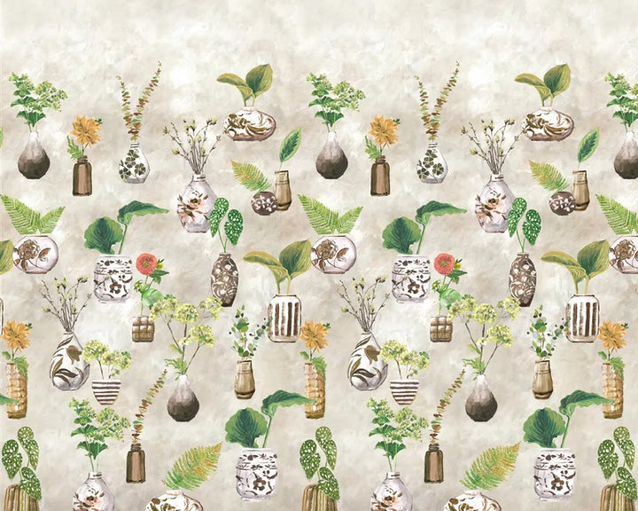 Designers Guild Kawana Wallpaper - Pattern of various vases and plants on a beige background