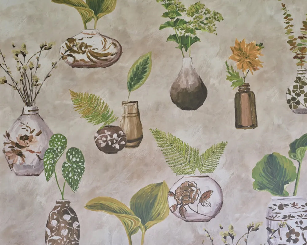 Designers Guild Kawana Wallpaper - Pattern of vases and plants on a textured beige background