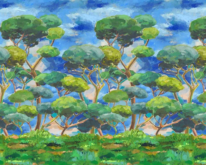 Designers Guild Matsu Wallpaper - Artistic depiction of trees with a blue sky background